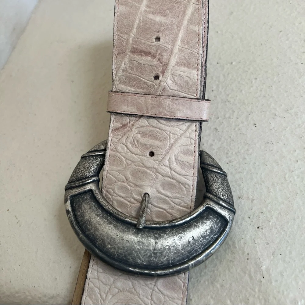 Vintage Beige Leather Wide Waist statement‎ Belt Moc Croc 90s Y2K Womens Small